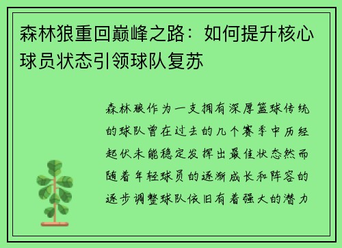 森林狼重回巅峰之路：如何提升核心球员状态引领球队复苏